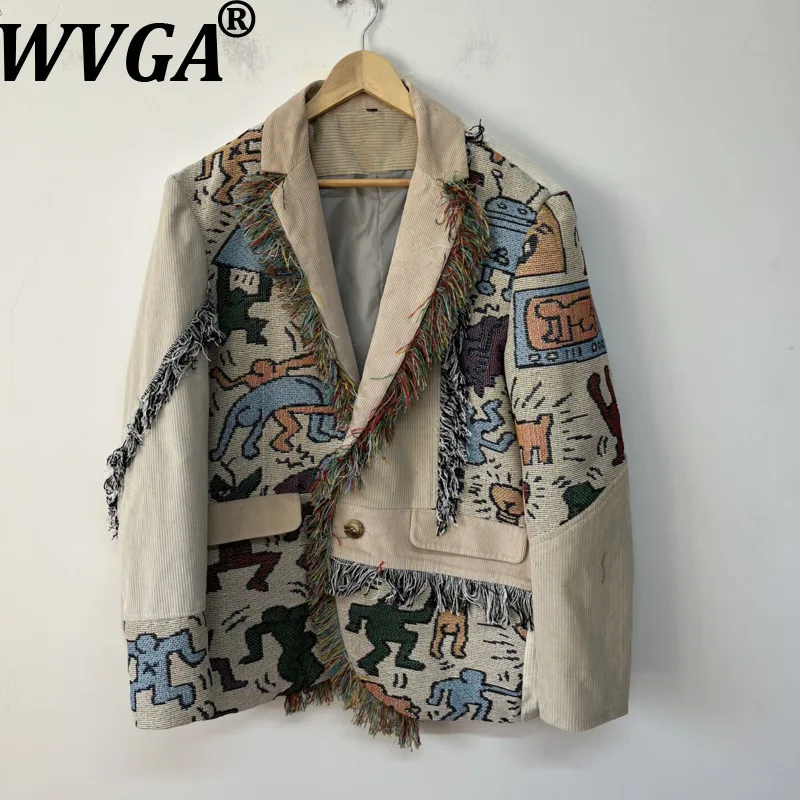 WVGA Autumn New Men Asymmetrical Graffiti Printed Contrasting Colors Trendy Coats Niche Chic Fringed Patchwork Blazer Ins W28334