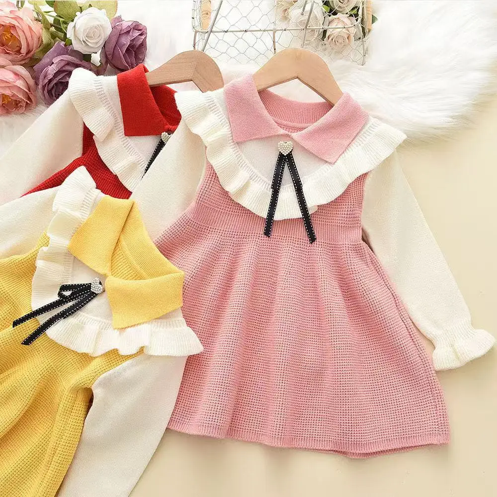 

Girl Dress With Love Bow Collar Splicing Design for Girls Birthday Party Winter Children's Wear 2025 New Kids Clothing