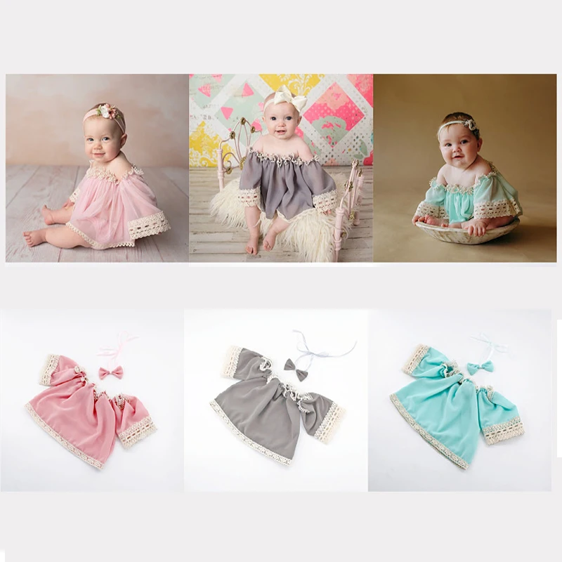 Baby Girl Chiffon Blouse Lacy Fairy Top for Photography Toddler Kids Off-shoulder Dress Lace Shirt with Bowknot Headband 0-4 Yrs