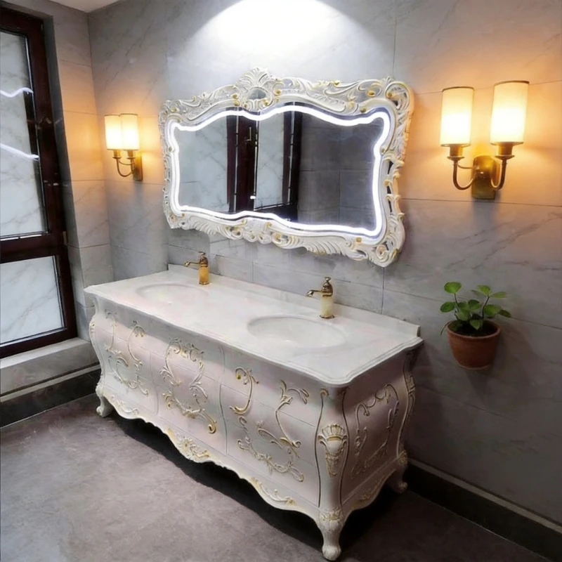 Bathroom cabinet solid wood carving flower combination marble bathroom simple