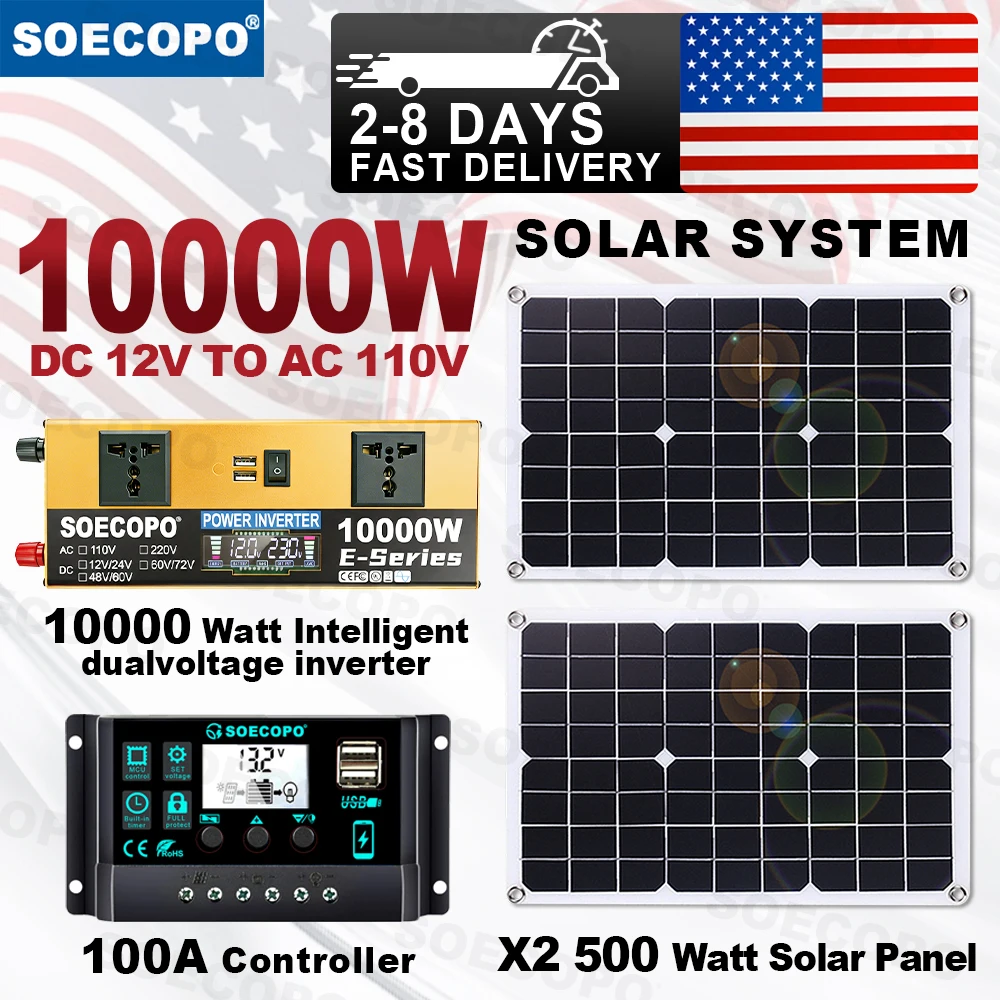 

(US Stock) 10000W Peak Solar Generator Kit 1000W Photovoltaic System (2x500W Panels) Inverter 12V 24V 110V 100A Controller Home