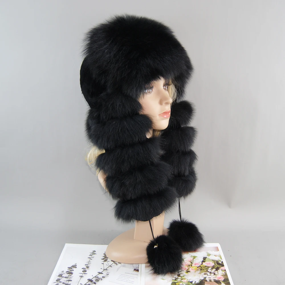 2024 Luxury Natural Fox Fur Russian Hat Ushanka Women Winter Warm Fluffy Popular Style Female Tail Cap Fashion Real Fur Hats