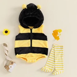 0-24M Baby Bee Plush Costume Sleeveless Hooded Romper Long Socks Set Infant Bumble Bee Newborn Outfits