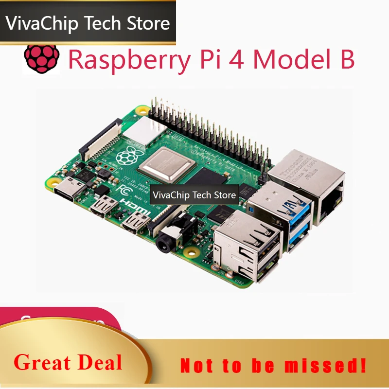 VivaChip TechRaspberry Pi 4 Model B (4B), available with 1GB / 2GB / 4GB / 8GB RAM, quad-core CPU, 1.5GHz clock speed, optional