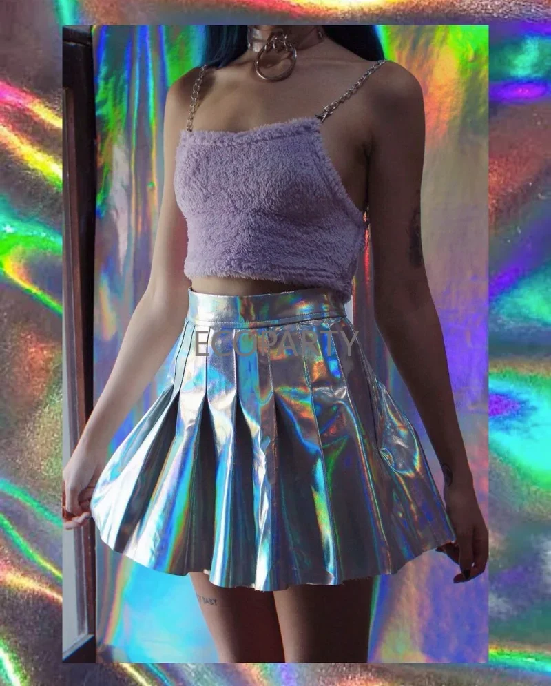 2023 Summer Harajuku Casual Sexy Women Hight Waist Streetwear Rainbow PU Silver Holographic Mini JK Skirts Laser Pleated Skirt