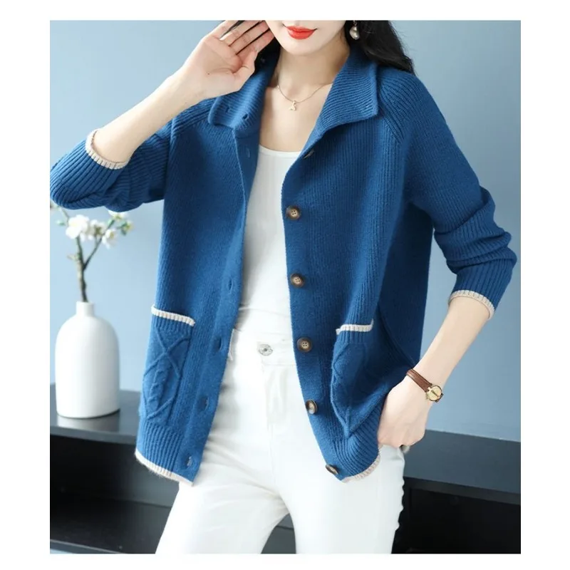 Frauen Neue Gespleißt POLO Kragen Taste Tasche Mode Einfarbig Gestrickte Pullover Lose Top