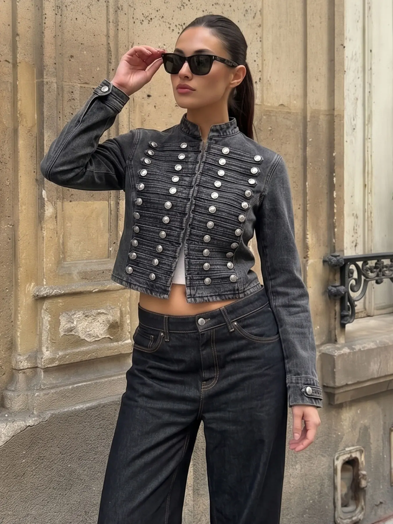 HH Herbst-Jeansjacke für Damen, elegante Mode, zweireihig, dekorativ, schmal geschnitten, kurze Jacken, Langarmjacken, Streetwear
