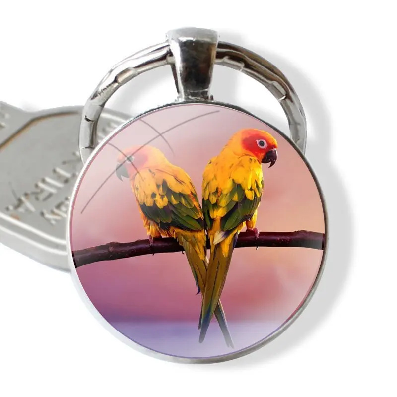 Blue Ringneck Parrot Art Keychain Glass Cabochon Metal Pendant Classic Men's Women's Keyring