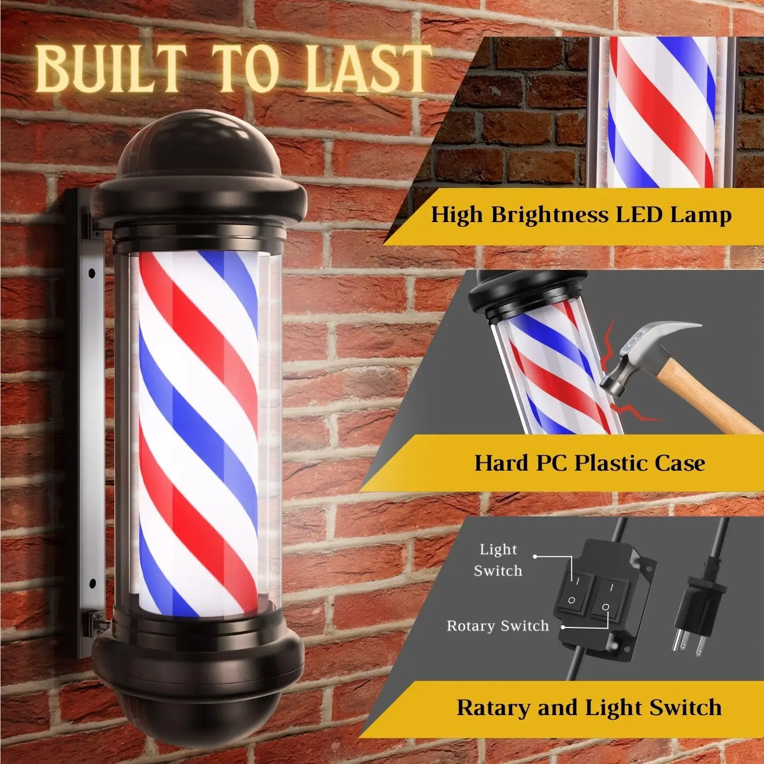 

Barbershop Barber Pole Light Hair Salon Open Sign Rotating LED Strips Waterproof Save Energy Wall Mount Light