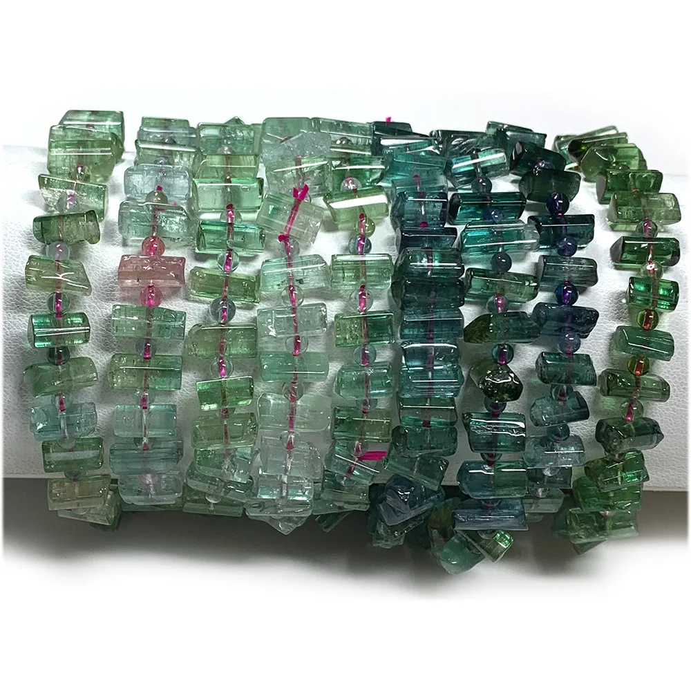 Veemake Natural Clear Green Pink Blue Tourmaline Multi-color Bracelets Nugget Triangular Prism Beads 08060