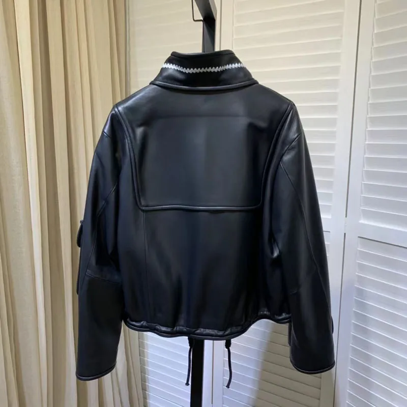 High Quality Genuine Leather Jacket Turn-Down Collar Clothes Short Length Hem Draw Rope Square Pattern Casual Style