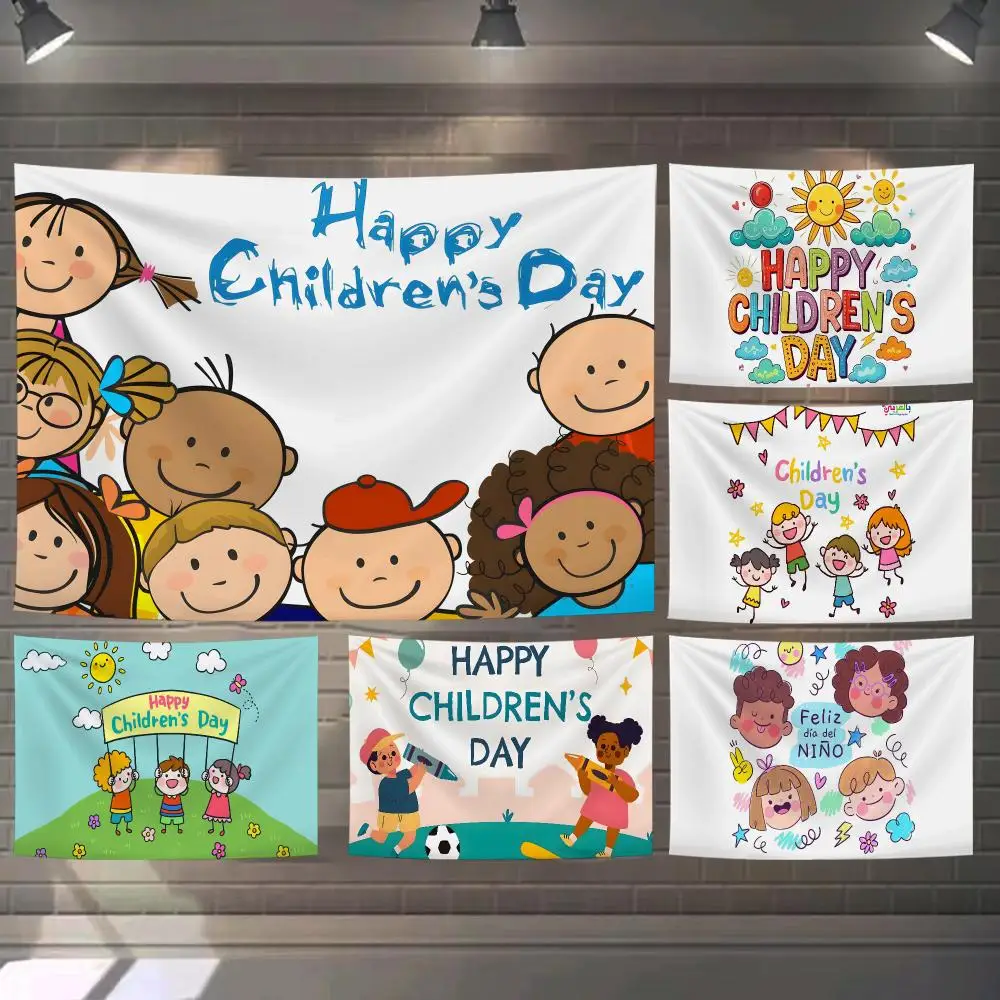 Happy Children's Day Tapestry Custom Living Bedroom Party Dormitory Interior Wall Bohemian Decoration Attached Clip
