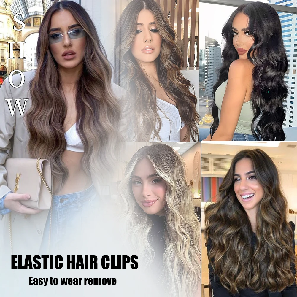 Extensões sintéticas do cabelo para mulheres, penteado da onda do corpo, perucas principais, grampos, extensões do cabelo para meninas, 4 PCs/set