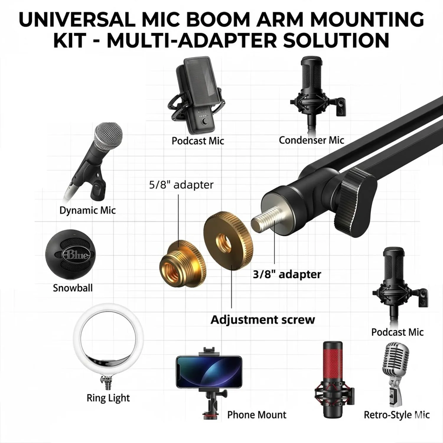 Desk Stand - Adjustable Mounting Arm for Microphones,HyperX, Rode,Fifine and More Mics, Compatible 3/8 & 5/8 Thread