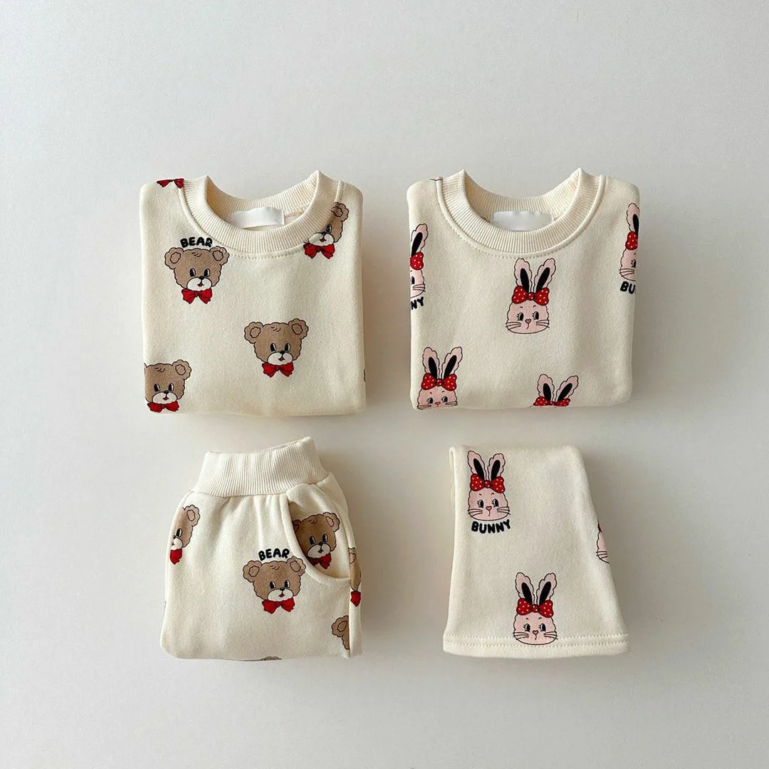 2024 Autumn New Children Long Sleeve Sweatshirt Set Boys Girls Cute Bear Rabbit Print Tops + Pants 2pcs Suit Kids Casual Outfits