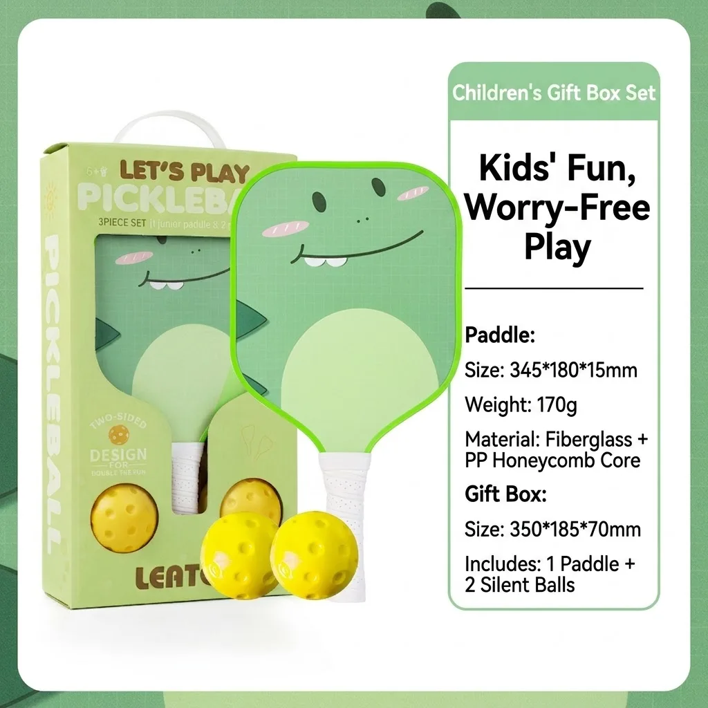 

Children's Pickleball Racket Set, featuring a cute cartoon design, small grip, ultra-lightweight, and made of honeycomb core fib