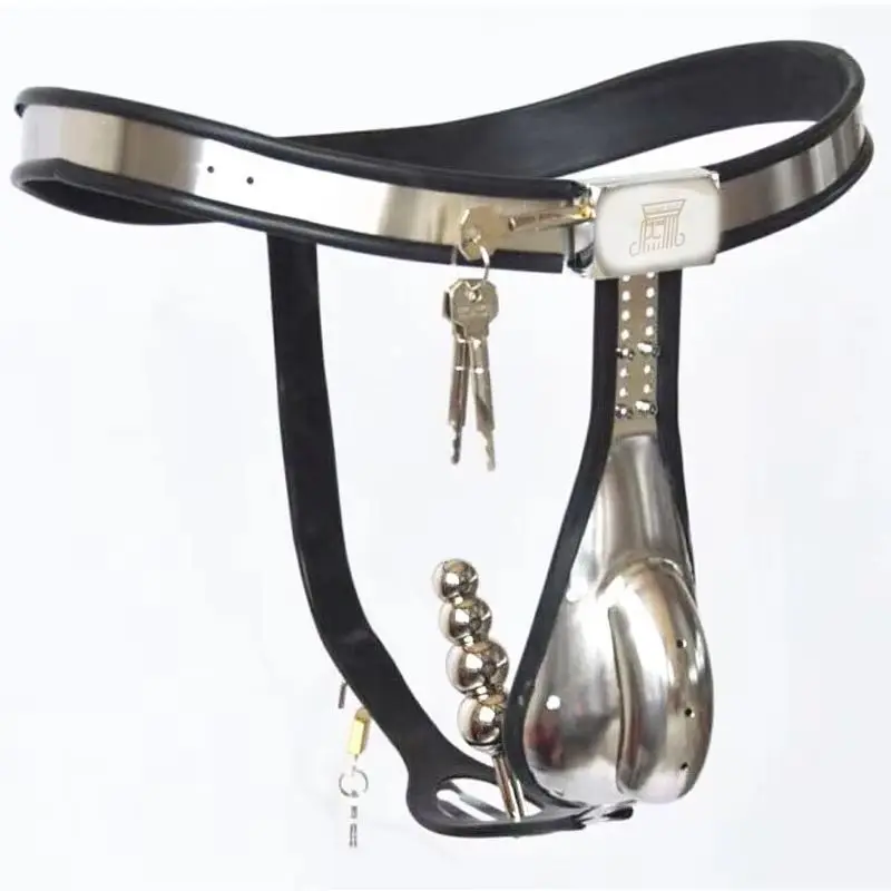 Stainless Steel Male Lockable Chastity Belt Anal Plug Beads Adjustable Curved Waist Band Metal Underwear Cock Cage Sex Toys Men