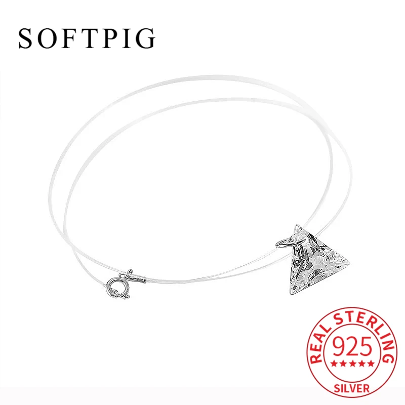 SOFTPIG Real 925 Sterling Silver Fishing Line Cute Geometric Zircon  Pendant Necklace Fine Jewelry Romantic Choker For Women