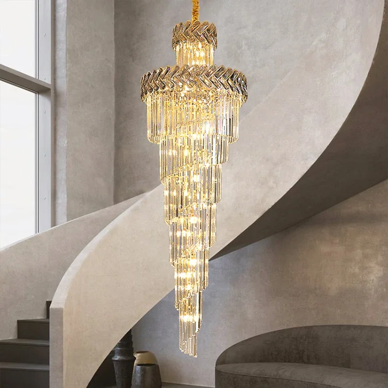 Crystal Led Chandelier Hall Spiral Pendant Lights Long Smoky Gray Lamps Gold Staircase Illuminator Lighting Living Room Lustres