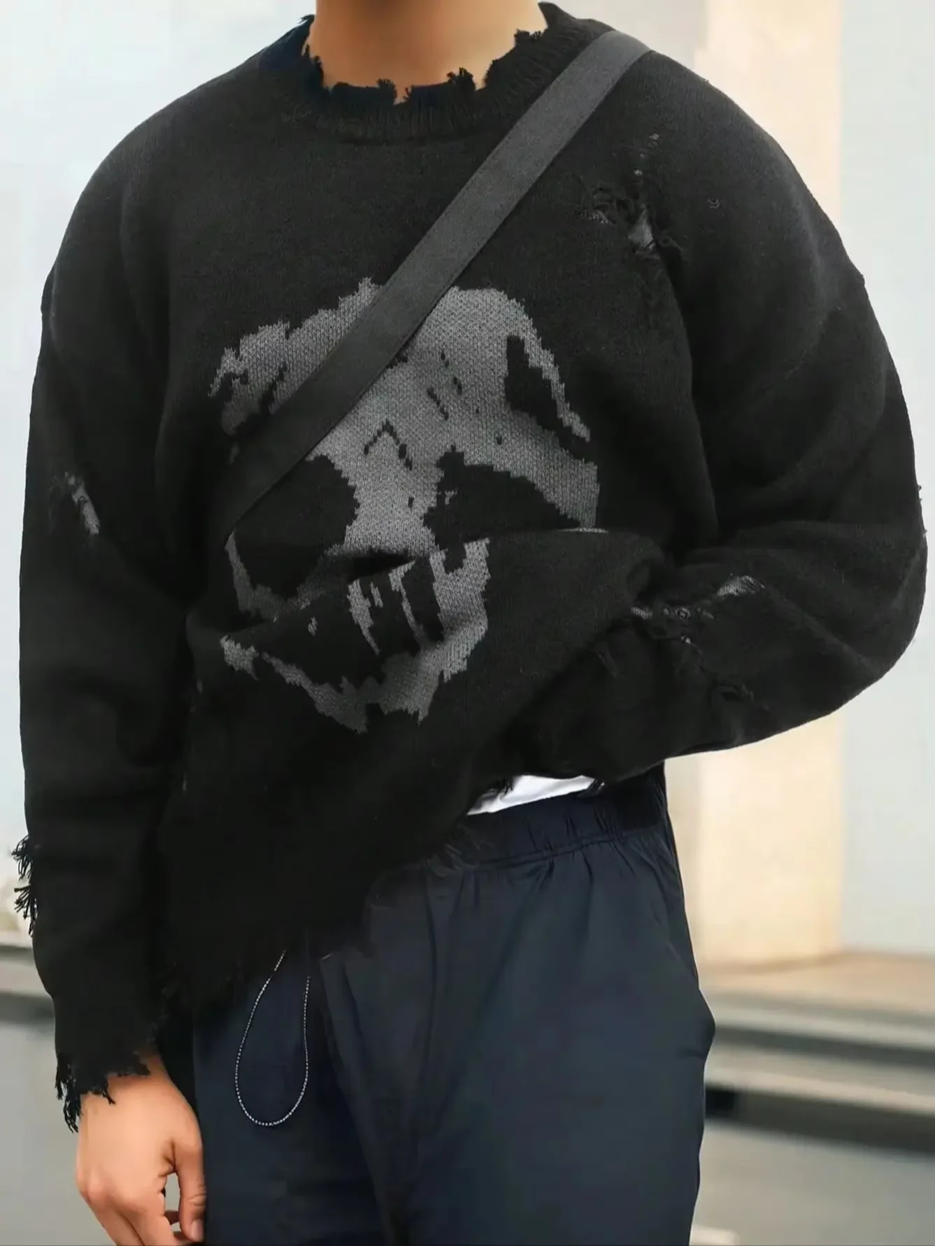 Andreilee Trendy Skull Design Ripped Fringe Crew Neck Versatile Men's Sweater