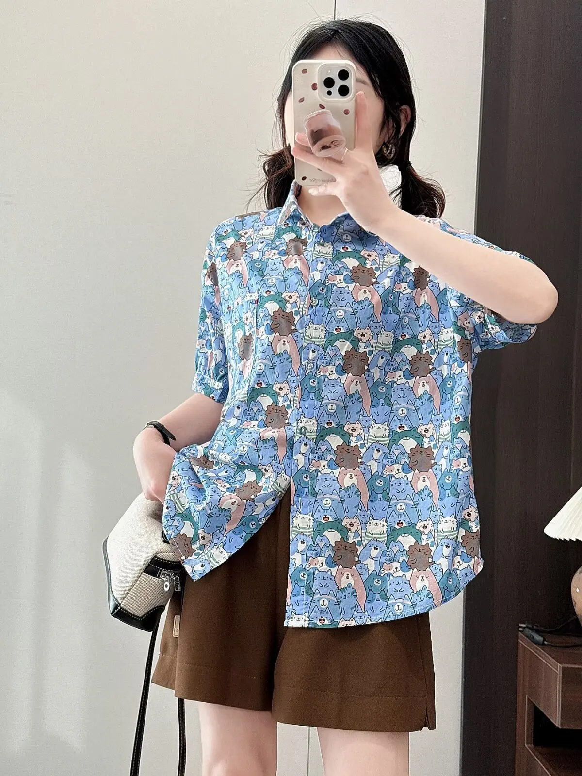 ใหม่2025ฤดูร้อนผ้าฝ้ายแขนสั้นเสื้อผู้หญิงTurn-Down Collarพิมพ์การ์ตูน, Moriสาวอเนกประสงค์หวานหลวมเสื้อt55575CC