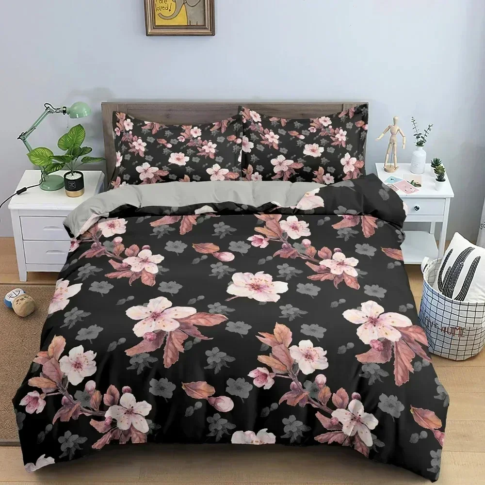New Beautiful Cherry Blossoms Pattern Bedding Set Bedroom Flowers Scenery Duvet Cover Set Pillowcase King Double Twin Bedclothes