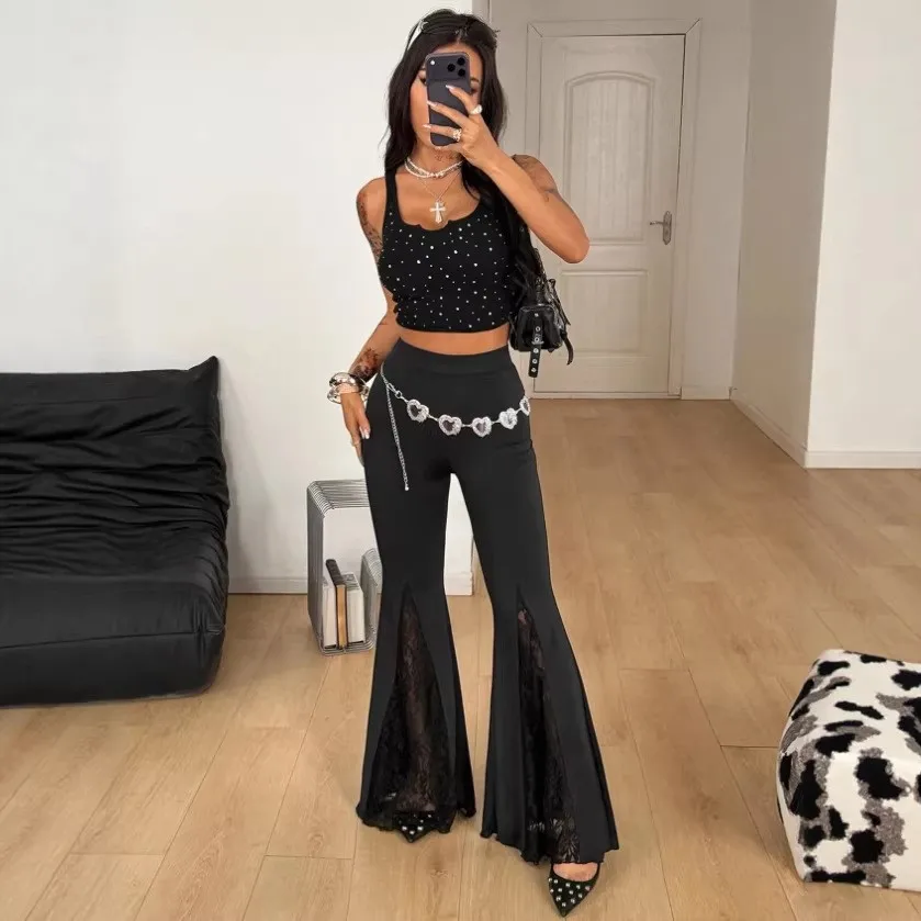 Splice Patchwork Pants Flared Long with Full Length High Stretch Elastic Waist Regular Thickness Summer Sexy Women Pants