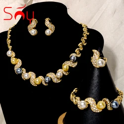 Sunny Jewelry Bridal Wedding Sets Romantic Beads Pearl Zircon Earrings Necklace Bracelet Ring For Women Anniversary Party Gift