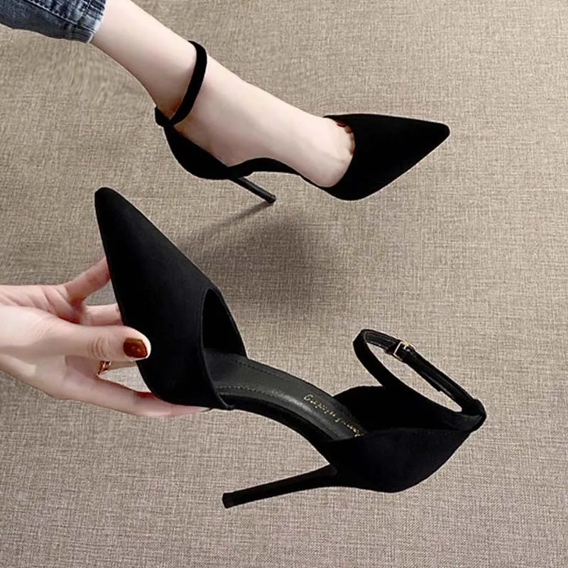 Spring and Autumn High Heel Women 2024 New Versatile Thin Heel Professional L Pointed Black Buckle Strap Single Shoe Women