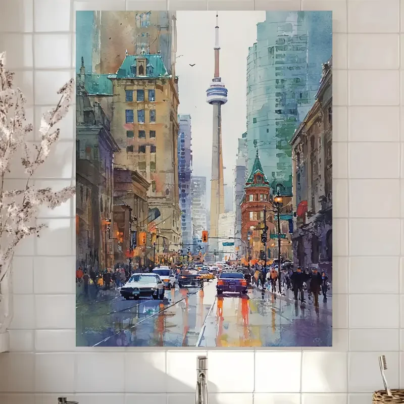 1pc No Framed Toronto Skyline Watercolor Painting - 12x16 Inch Modern Canvas Art with Vibrant Cityscape, Wooden Frame & Hook