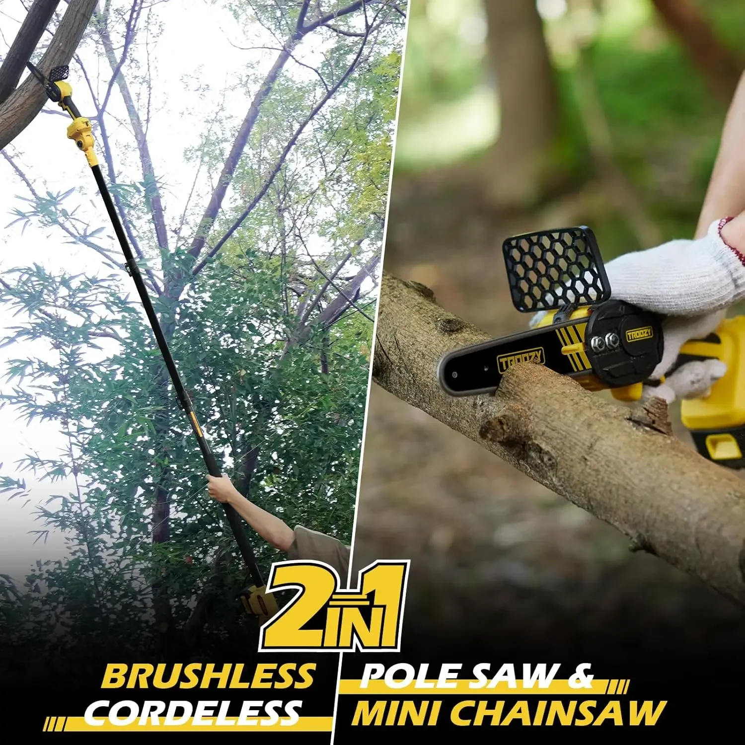 Cordless Pole Saw & Mini Chainsaw 2-IN-1, 21V 3Ah Battery Powered 6 Inch Brushless Electric Rotatable Pole Saw, 15-Foot Max Reac