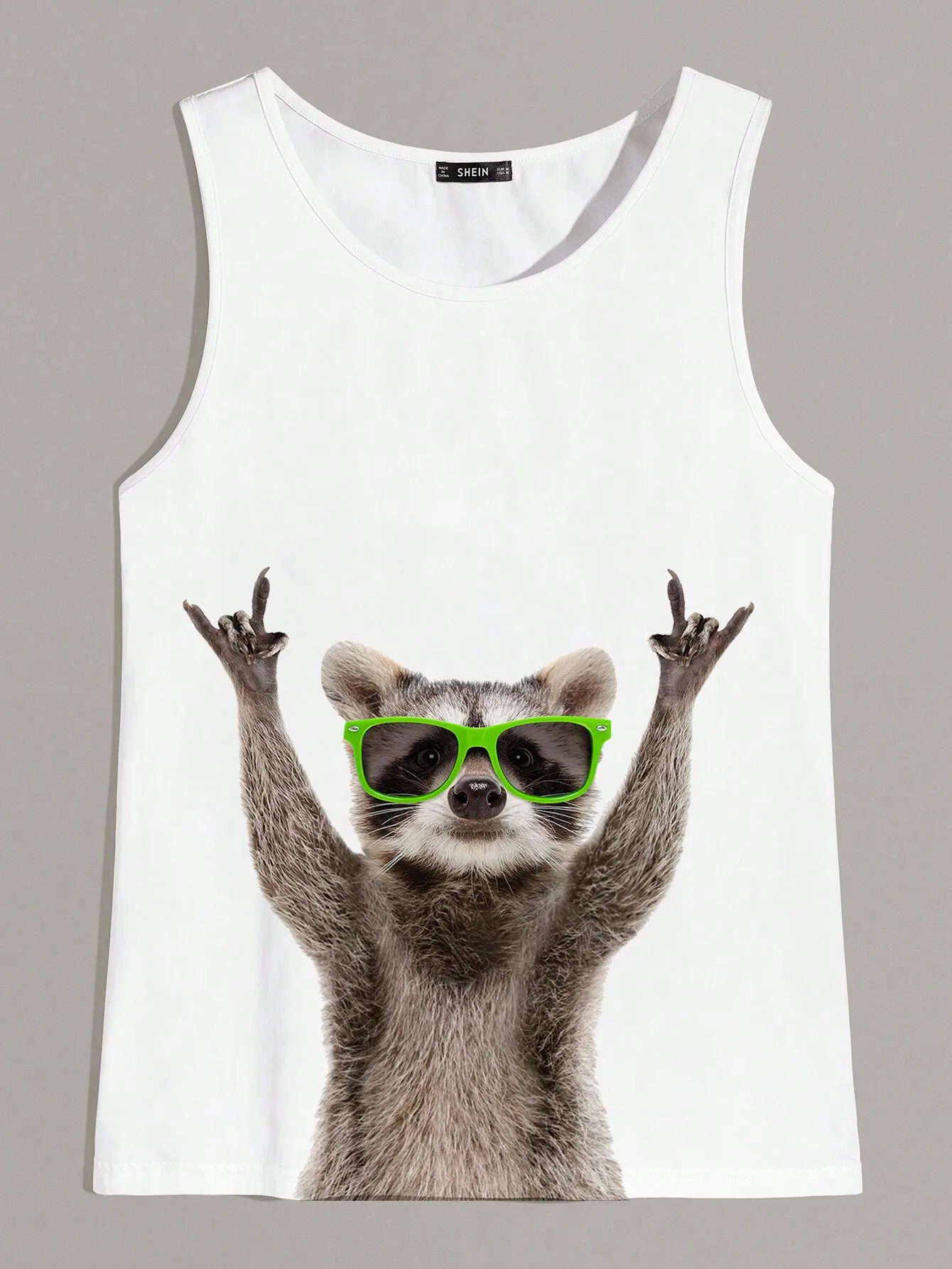 

Men's White Sleeveless Tank Top with Fun Raccoon Graphic in Green Sunglasses