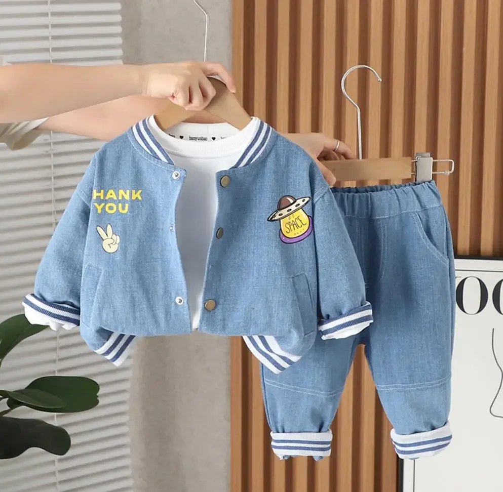 

Spring Autumn Boys Sets 1 To 5 Years Denim Cartoon Single-breasted Jacket+T-shirts+Jeans 3Pcs Outfit Kids Clothes Boy Sportwear