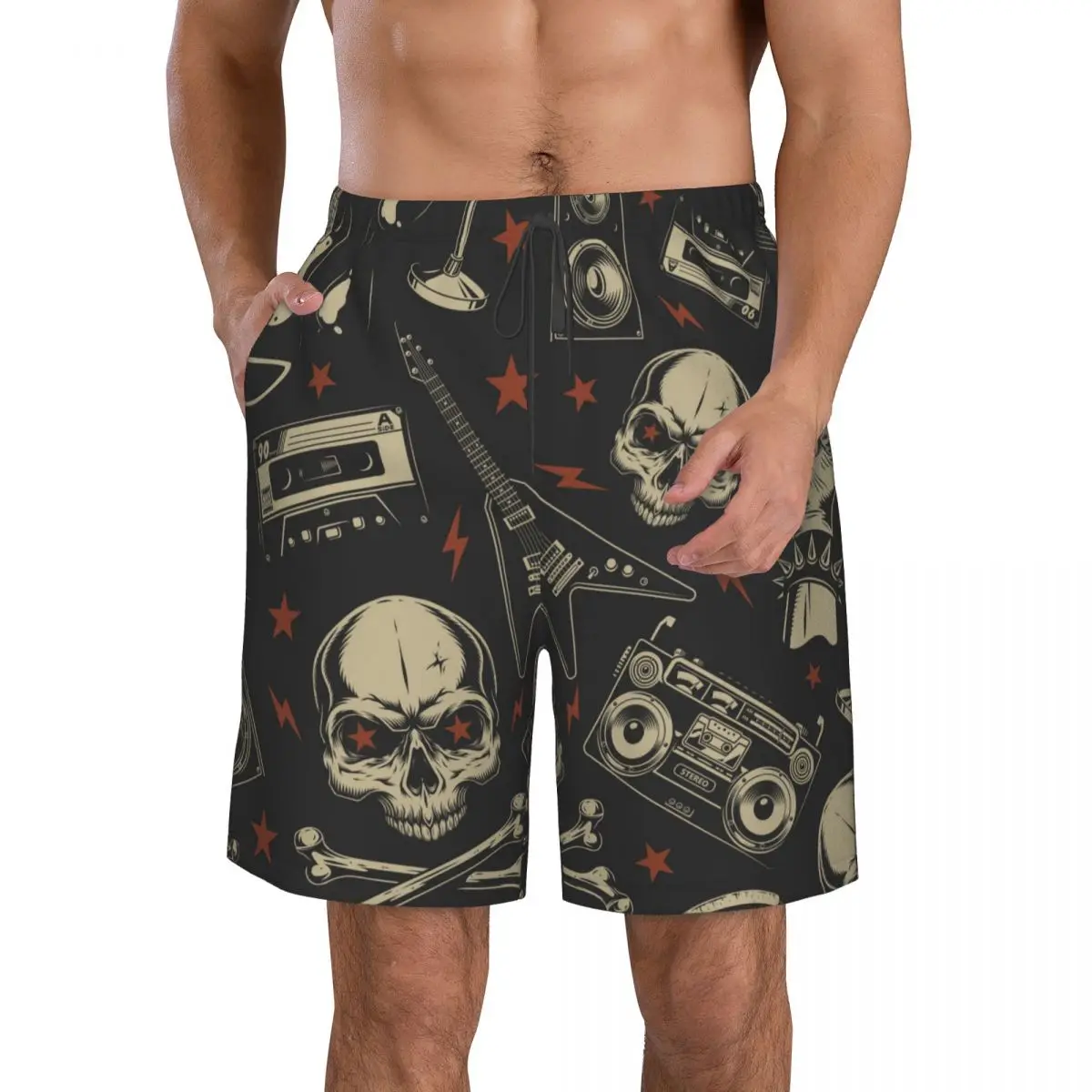 Skull Musical Electric Guitar And Cassette Men Swimsuit Swimming Trunks Boxer Swim Beach Quick Dry Swimming Shorts