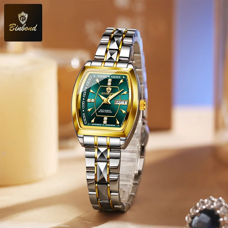 

BINBOND New Luxury Quartz Womens Watch Tonneau Diamond Dial Stainless Steel Band Waterproof Luminous Top Brand Relogio Feminino