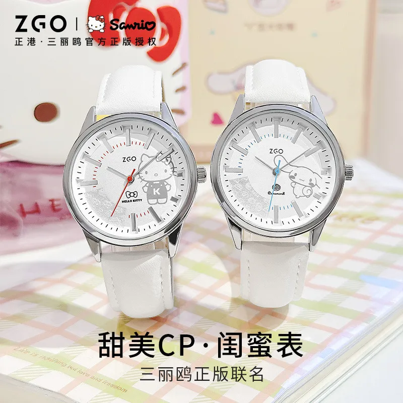 ZGO Sanrio Hello Kitty Women's Watch, Leather Strap, Fashionable and Versatile White Waterproof Quartz Watch, Gift 2179