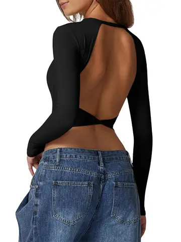 Maglietta da donna con apertura sul retro, manica lunga, a costine, senza schienale, con catena, maglietta corta senza schienale, con cravatta