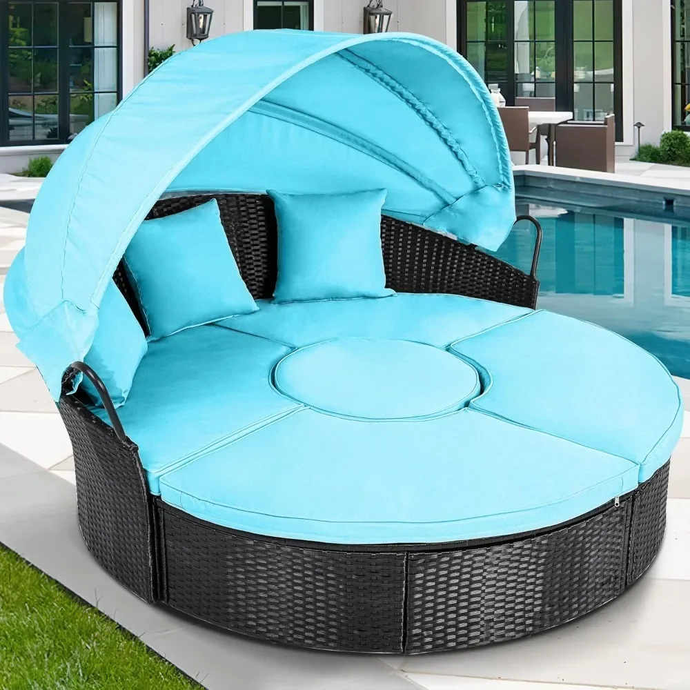 Outdoor Daybed with Retractable Canopy Rattan Wicker Clamshell Furniture Seating with Soft Cushions for Backyard Porch Poolside