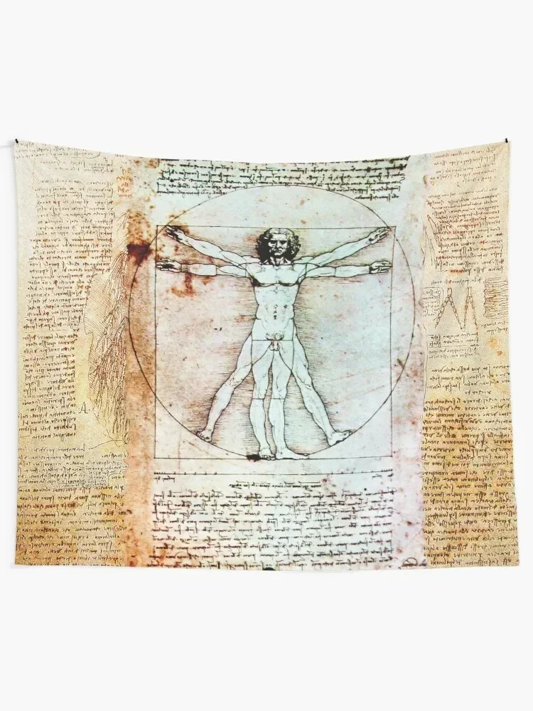 VITRUVIAN MAN Leonardo Da Vinci Handwriting Antique Parchment Tapestry Kawaii Room Decor Tapestry