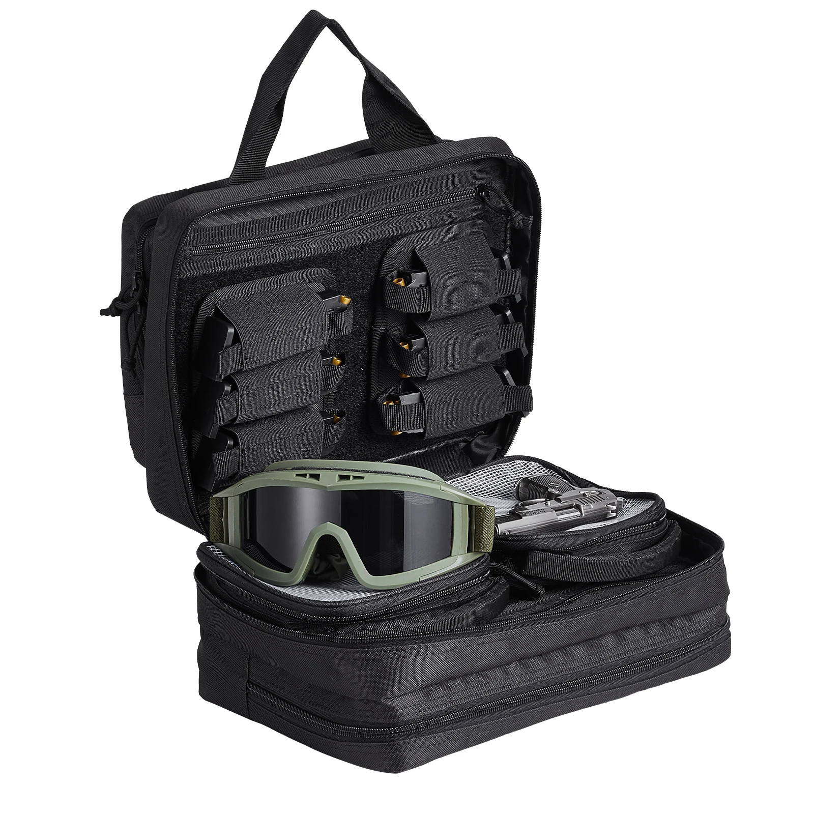 Range Bag for 2 Pistols, Tactical Gun Bag with 2 Built-in Removable Pistol Bags & 6 Detachable Magazines, Gun Range Bag for Outdoor Hunting Shooting, Lockable Carrying Handgun Bag Case, Black