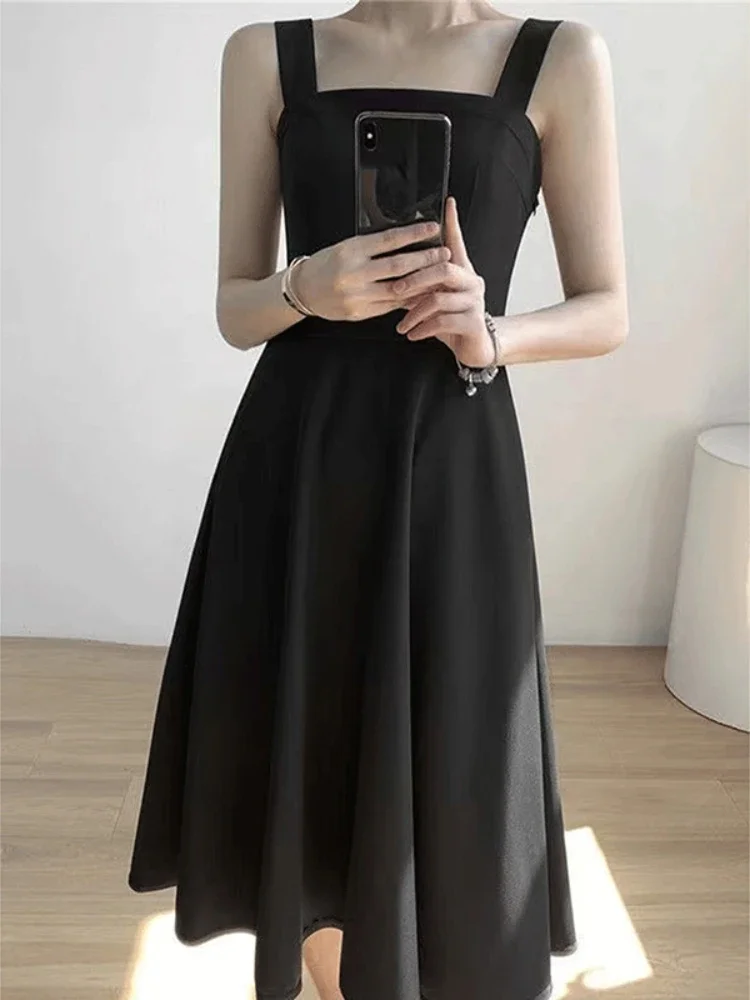 Casual Elegant Midi Strap Dress Women Black Sexy Sleeveless Slim Korean Dress Female 2024 Autumn Fashion Evening Party Dress Y2k