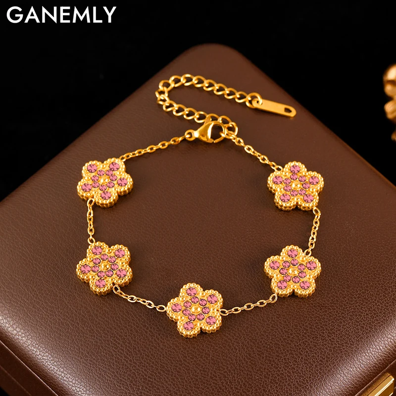GANEMLY 316L Stainless Steel Double-sided Pink Zircon Five Leaf Clover Bracelet For Women Fashion Wrist Chain Jewelry Lady Gift