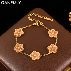 GANEMLY 316L Stainless Steel Double-sided Pink Zircon Five Leaf Clover Bracelet For Women Fashion Wrist Chain Jewelry Lady Gift