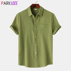 Green Mens Cotton Linen Shirts 2024 Summer Short Sleeve Button Down Beach Shirts Casual Breathable Holiday Party Hawaiian Shirt