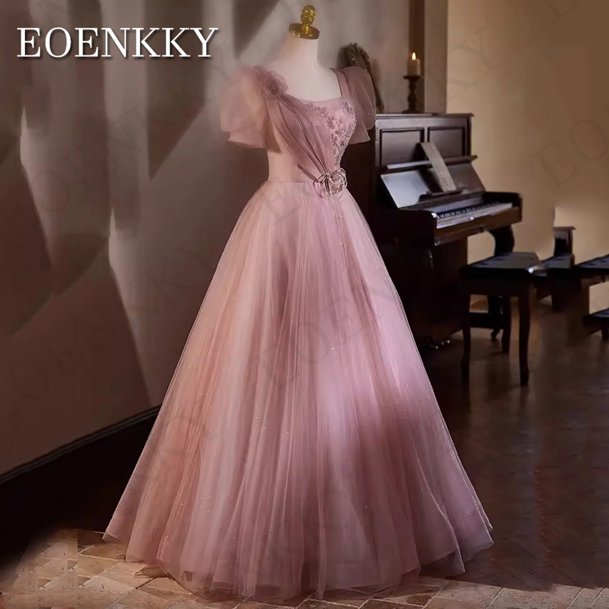 Shiny Princess Prom Dress Pink Puff Sleeve A Line Beading Tulle Sparkly Graduation Dresses Square Neck Women Abito da ballo principessa lucido rosa 