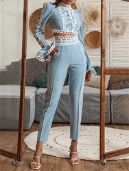 Baby Blue Lace 2pc Outfit For Women Flare Long Sleeves Pencil Pants Women's Casual Fashion Set