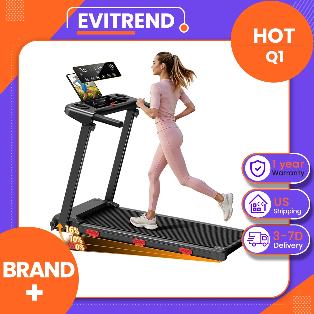 EviTrend Q1 Foldable Treadmill with 16% Incline, 3.0HP Motor, 3 Level Incline, 180kg Max Load, 12 Workout Programs, LED Display, Low Noise, 6 Shock Absorbers, 38.6 cm Running Belt Width, Local delivery