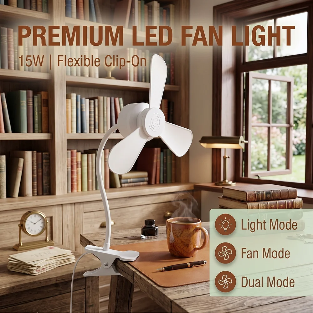 Mini Clip-on Fan Lamp LED Nightlight Rotation Portable 3 Speeds Quiet Cooling Fan for Dorm Bed Desktop Camping Baby Stroller