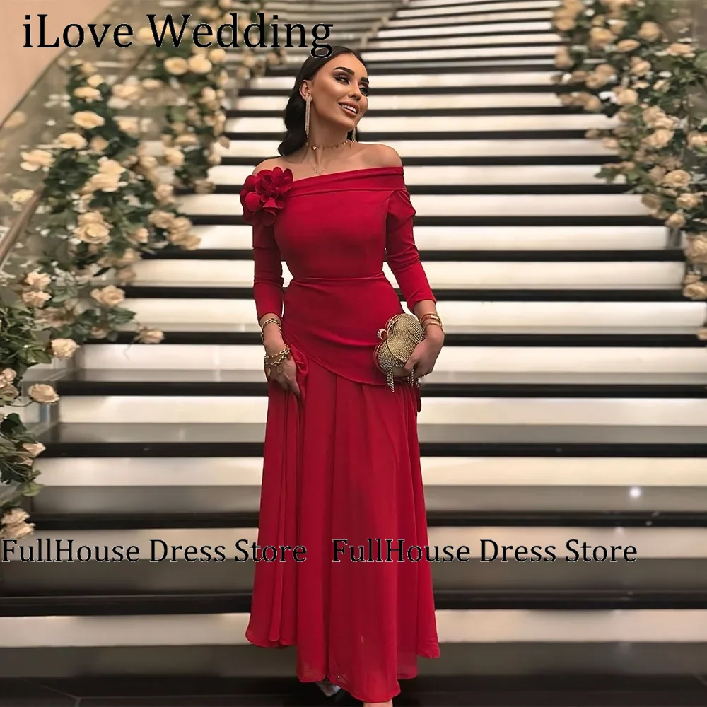 

Red Modern Boat Collar Bridal Evening Party Dress Flowers Floor Length Straight Backless Bridal Prom Dress Customized