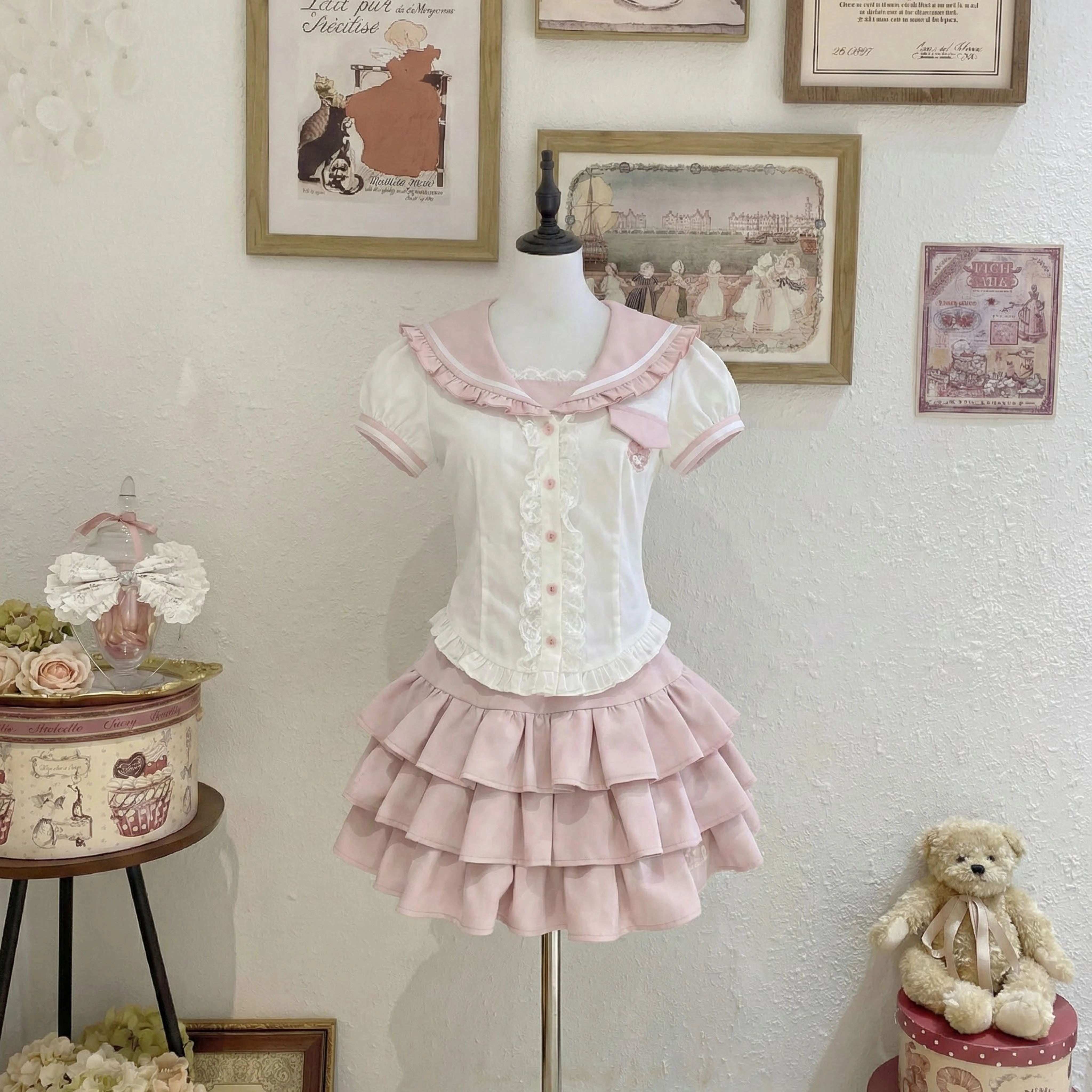 

Japanese Kawaii Lolita Style Skirt Set Women Sweet Sailor Collar Blouses Mini Pleated Skirts Suit Preppy Style Harajuku Uniform
